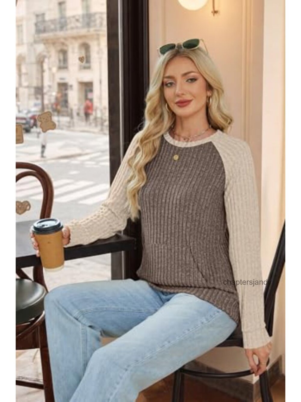 Oversized Ribbed Knit Color Block Raglan Tunic Sweater with Pocket - Picture 3 of 6